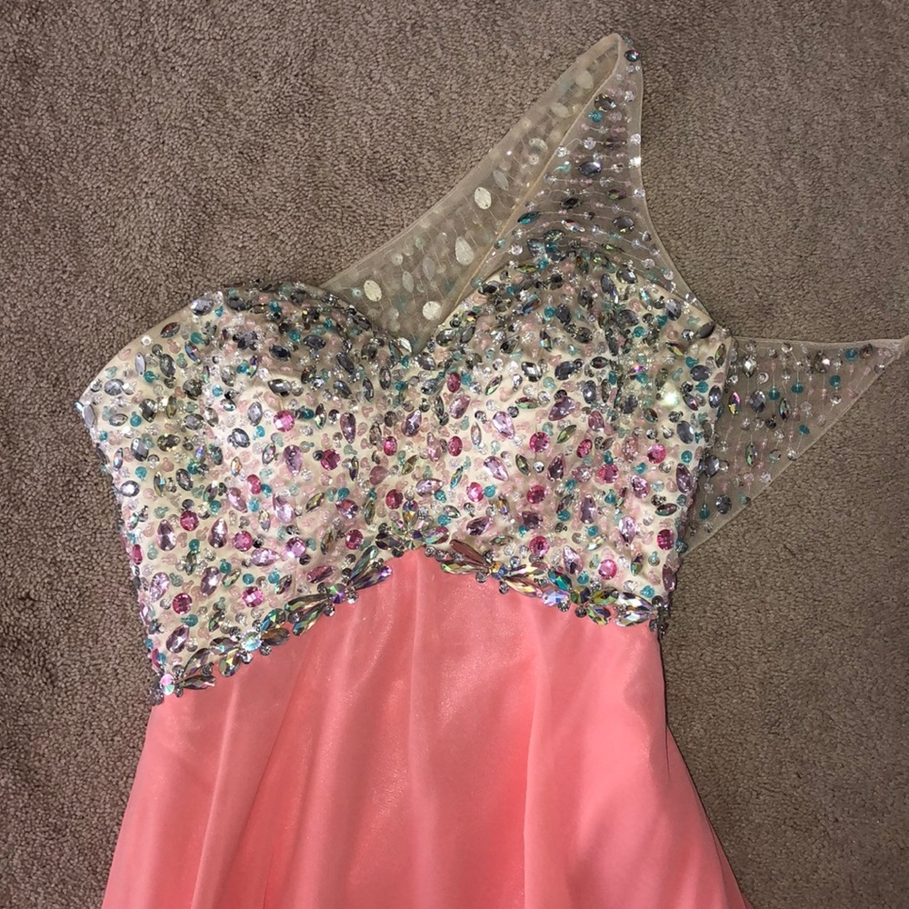 Pink one shoulder prom dress